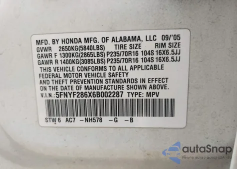 2006 Honda Pilot Ex-L z USA, uszkodzony, nr VIN 5FNYF286X6B002287